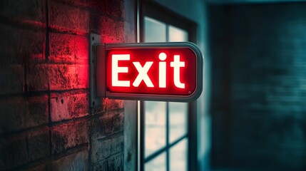 A glowing red exit sign mounted on a brick wall beside a glass door in a dimly lit hallway.

