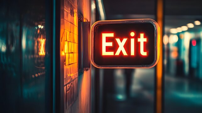 A glowing red exit sign mounted on a wall in a modern corridor with ambient lighting.

