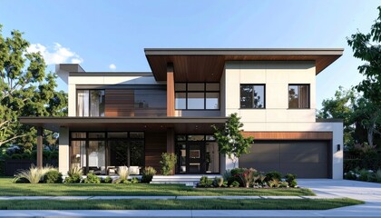 Fototapeta premium Modern home Contemporary design Luxury exterior with landscaping, and driveway.