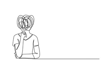 Continuous one line drawing of Woman with confused feelings. Single line drawing illustration of Work burnout and depression anxiety. Mental health concept vector art. Doodle line illustration.