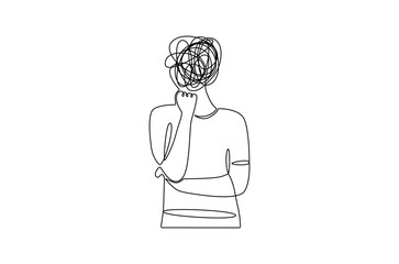 Continuous one line drawing of Woman with confused feelings. Single line drawing illustration of Work burnout and depression anxiety. Mental health concept vector art. Doodle line illustration.