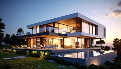 Fototapeta premium Modern Coastal Villa Luxury Living with Infinity Pool, and Sunset Skies.