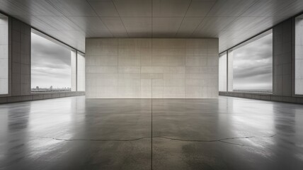 Fototapeta premium Minimalist modern interior space with concrete walls and city view windows