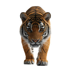 Obraz premium Front view of a majestic orange Bengal tiger with black stripes on a solid white background, realistic detailed portrait of powerful wild big cat, intense gaze, isolated wildlife stock photograph