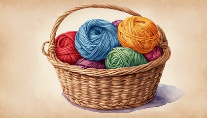 Colorful yarn balls in rustic woven basket