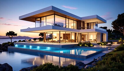 Modern Coastal Villa Sunset over Infinity Pool with Luxury Living.