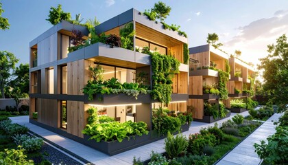 Fototapeta premium Green Living Modern ecohouses with lush gardens with sustainable design.