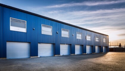  a blue metal building with multiple garage doors sits on a paved lot