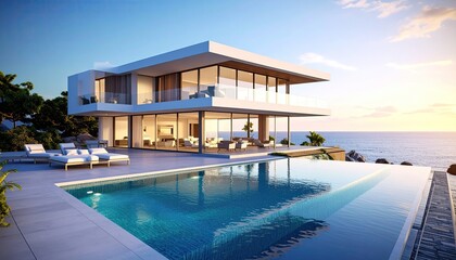 Fototapeta premium Oceanview Luxury Modern Villa with Infinity Pool at Sunset.