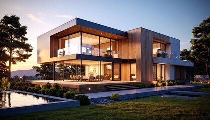 Fototapeta premium Modern Luxury Home at Sunset with Pool Mountain Views.