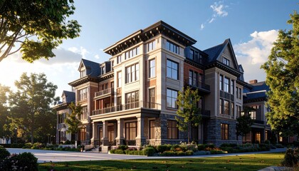 Fototapeta premium Elegant Facade Classic Architecture Estate Under Sunny Skies.