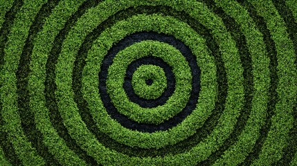 Circular design with dark concentric rings of vegetation.