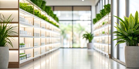 Modern Wellness Store Interior Design with Lush Greenery and Bright Shelving Units