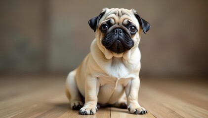 Adorable pug dog sitting, looking directly at camera, closeup, animal