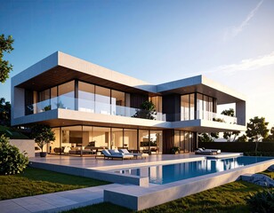 Fototapeta premium Modern Luxury Villa by Pool Serene Sunset View.