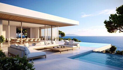Fototapeta premium Luxury Villa Overlooking Infinity Pool and Ocean View.