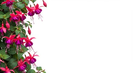 Cascading fuchsia blooms: A vibrant floral border against a clean white backdrop