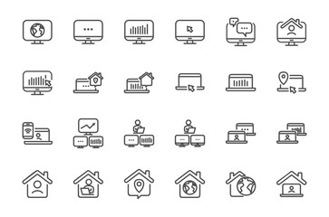 Remote Work Line Icons . Freelancer Work from Home, Video Call, Online Meeting, Teleconference Vector Set
