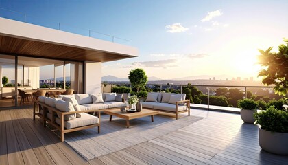 Obraz premium Rooftop Terrace Sunset Luxury Outdoor Living with City View.