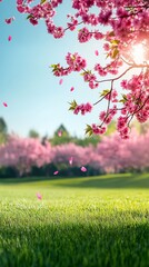 Blooming cherry blossom tree, petals falling on the meadow, bright sunny day