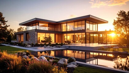 Luxury Lakeside Home Modern Architecture at Sunset.