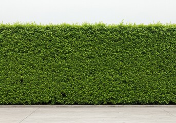 A vibrant green hedge against a plain backdrop with a concrete foreground area