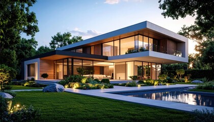Fototapeta premium Modern Dream Home Luxury Villa at Dusk with Pool and Lush Garden.