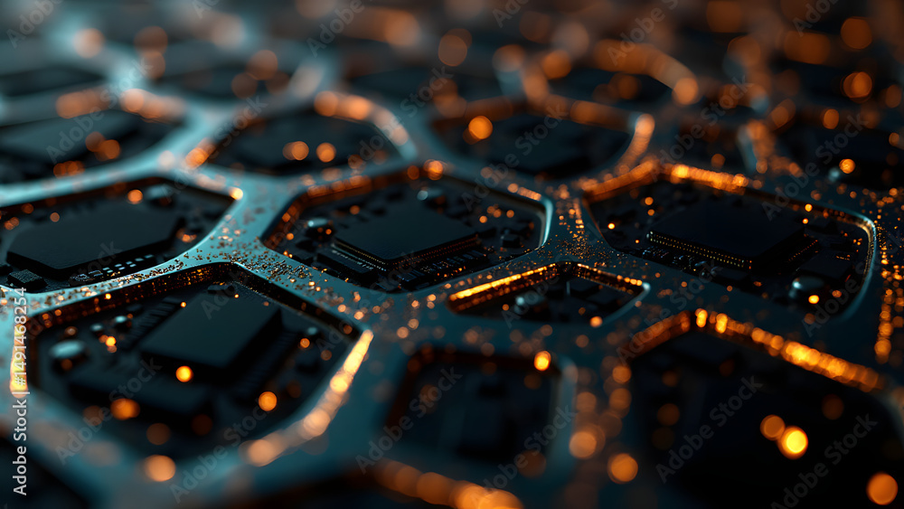 Poster flexible circuit mesh of connected trapezoids, futuristic wearable tech design with metallic and mat