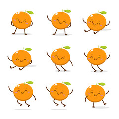 Cute Smiling Orange Character. Kawaii Orange Fruit Mascot Style Vector. Cute vector character set in various action emotions. Collection symbols isolated on a white background