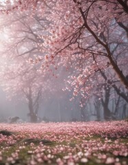Softly falling sakura petals create a hazy, romantic spring scene ,  petal fall,  cherry blossom,  flower