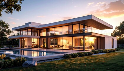 Naklejka premium Modern Dream Home Sunset Views with Poolside Luxury.