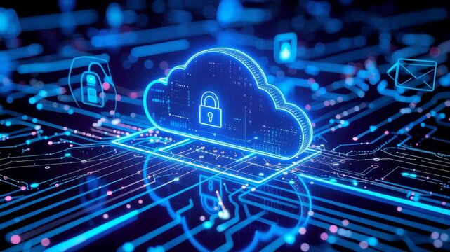Secure cloud data storage with glowing digital lock icons and circuit motion