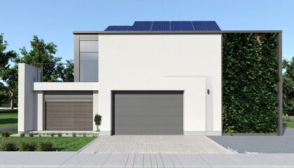 Modern Home with Solar Panels  Vertical Garden Facade.