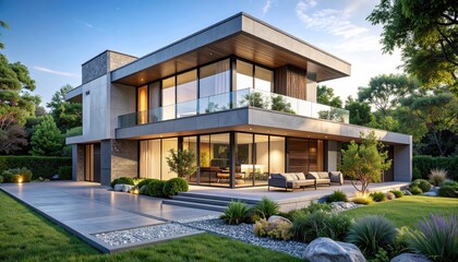 Fototapeta premium Modern luxury home with garden in daytime.