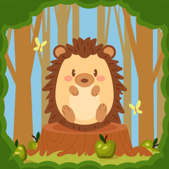 Cute vector image of a hedgehog in a clearing. Simple graphics in a childish style. An illustration with a background. Character.
