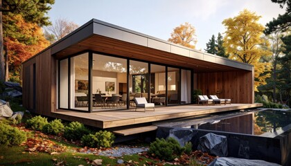 Autumn Serenity Modern Home with Poolside Deck  Colorful Fall Foliage.