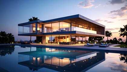 Fototapeta premium Modern villa by the pool at sunset Luxury lifestyle in paradise.