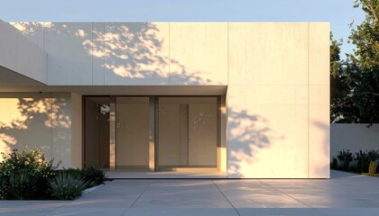 Modern Home Facade Concrete with Glass, Sunlight, and Shadow Play.