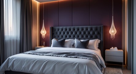 Luxury Bedroom Design Plum Walls, Tufted Headboard