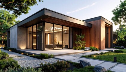 Fototapeta premium Modern Minimalist Home Glass with Wood, and Stone Oasis in Natural Light.