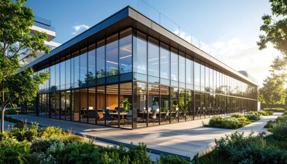 Fototapeta premium Glass Office Building Modern Workplace with Natural Light Gardens.