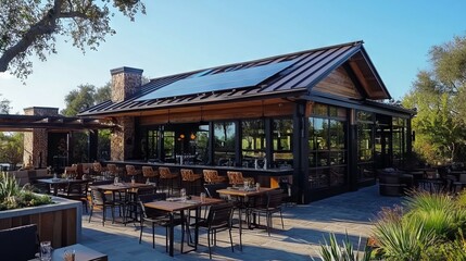 Obraz premium Modern Restaurant Exterior with Solar Panels and Outdoor Seating Area