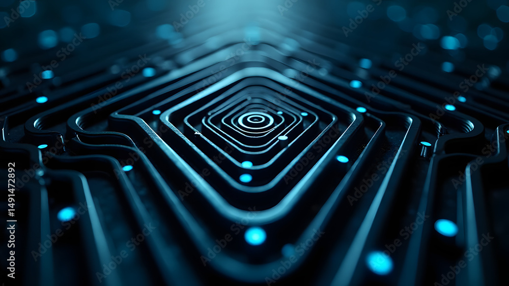 Poster glowing triangular spiral circuit pattern with nodal points, geometric maze in metallic tones, futur