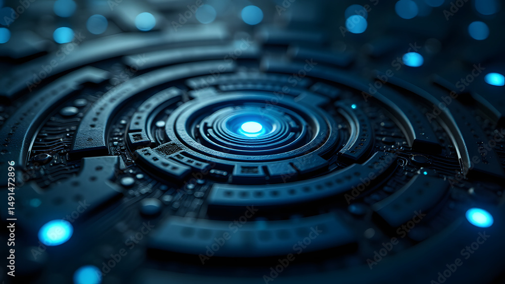 Aufkleber glowing triangular spiral circuit pattern with nodal points, geometric maze in metallic tones, futur