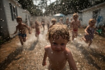 Obraz premium Children playing joyfully with water sprinklers in a lush backyard on a sunny day. Sprinkler heads and water streams in motion are visible.