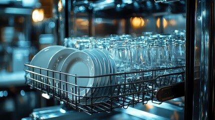 Clean Dishes and Glasses in Modern Industrial Dishwasher Rack Interior