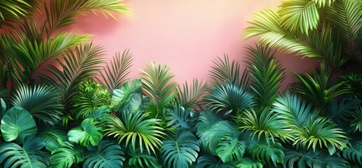Lush tropical foliage against a pastel pink wall