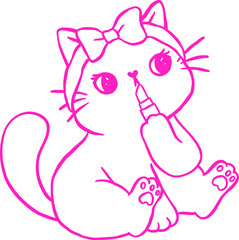 Cute Girly Self Care Cat Outline doing makeup Cartoon Doodle Hand Drawn