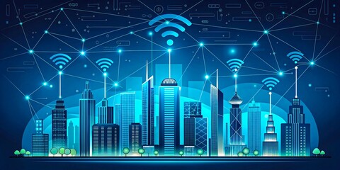 Fototapeta premium Smart City Skyline Wireless Network Technology Digital Cityscape