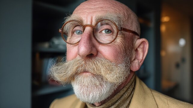 Half Body Portrait of a Wealthy Elderly Man with Stylish Glasses and Unique Mustache in Indoor Setting